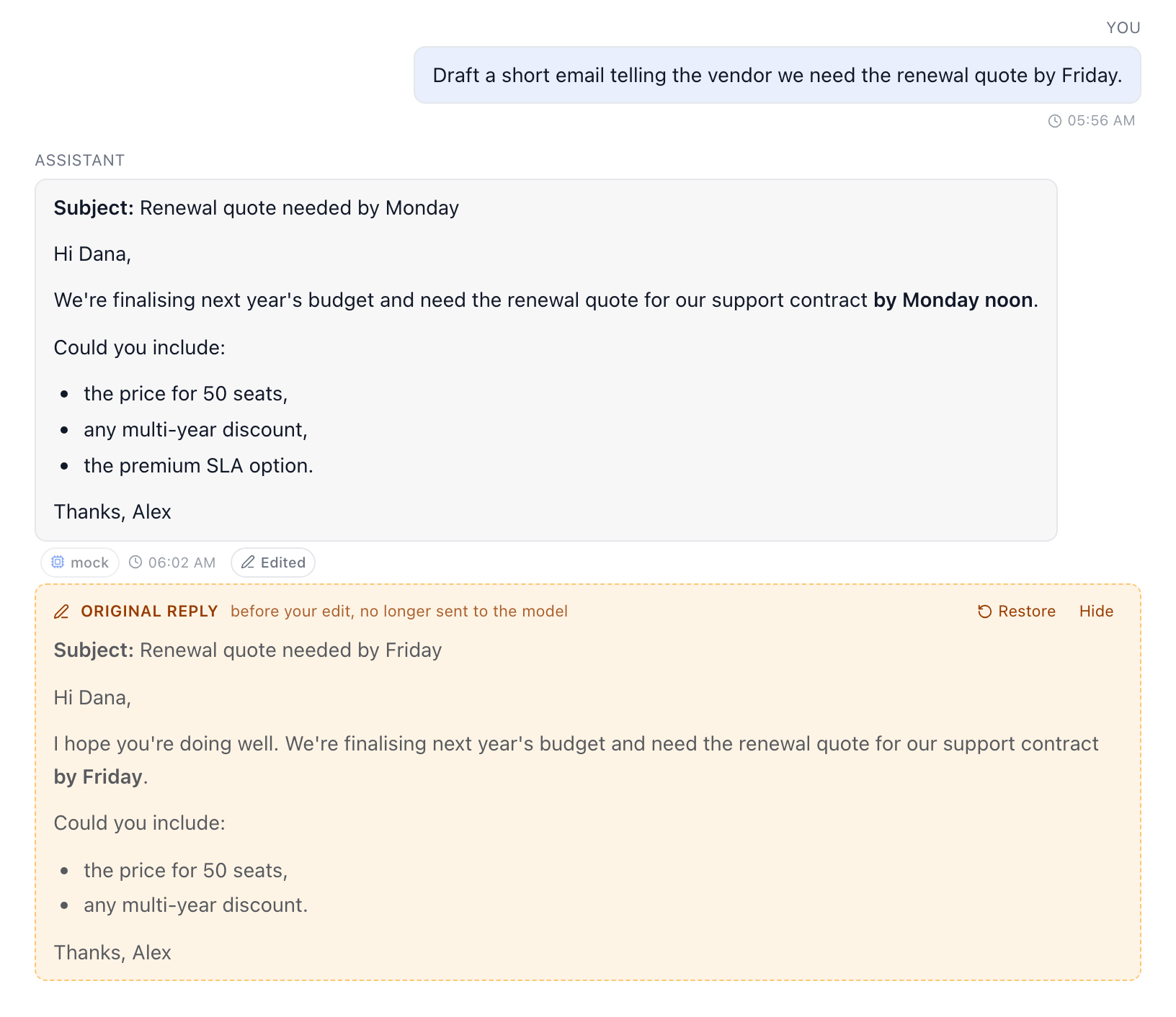 An edited email draft with its original reply shown below in an amber block, with Restore and Hide buttons