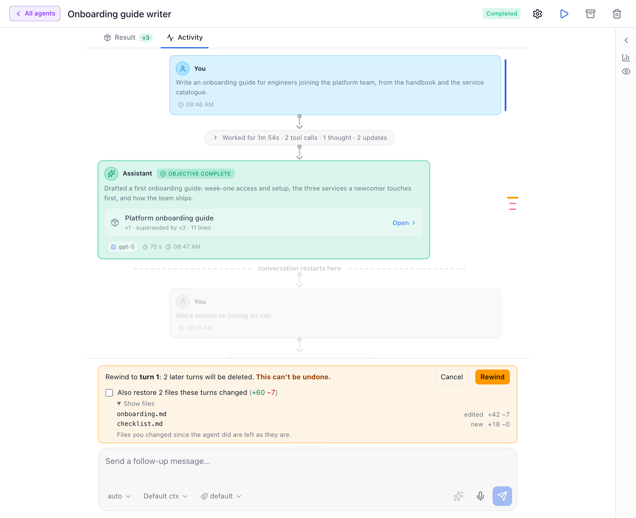 An agent rewind preview whose amber confirmation bar has an unticked 'Also restore 2 files these turns changed (+60 −7)' checkbox and an expanded file list: onboarding.md edited +42 −7, checklist.md new +18 −0