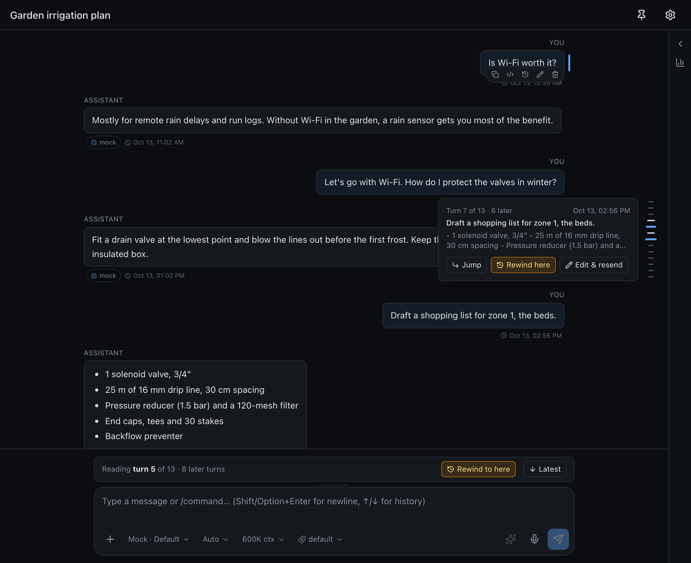 A chat scrolled back to an earlier turn, its prompt marked with a short blue bar, with a column of short dashes on the right edge of the transcript, a hover card for one dash showing its prompt, reply, and Jump, Rewind here and Edit & resend buttons, and a bar above the composer reading 'Reading turn 5 of 13'