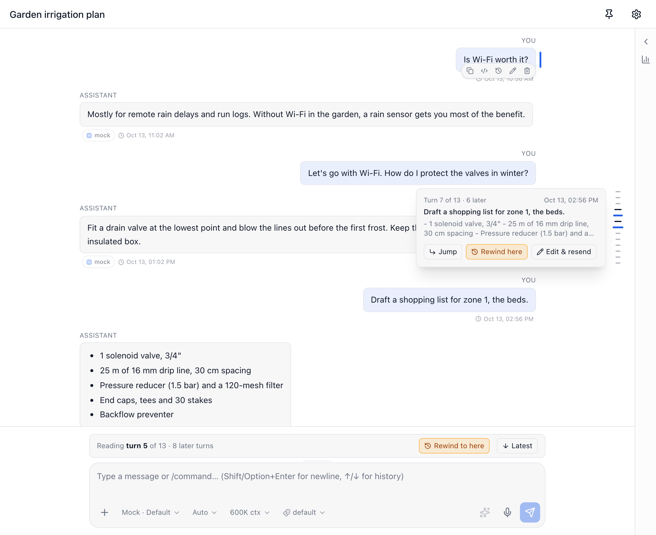 A chat scrolled back to an earlier turn, its prompt marked with a short blue bar, with a column of short dashes on the right edge of the transcript, a hover card for one dash showing its prompt, reply, and Jump, Rewind here and Edit & resend buttons, and a bar above the composer reading 'Reading turn 5 of 13'
