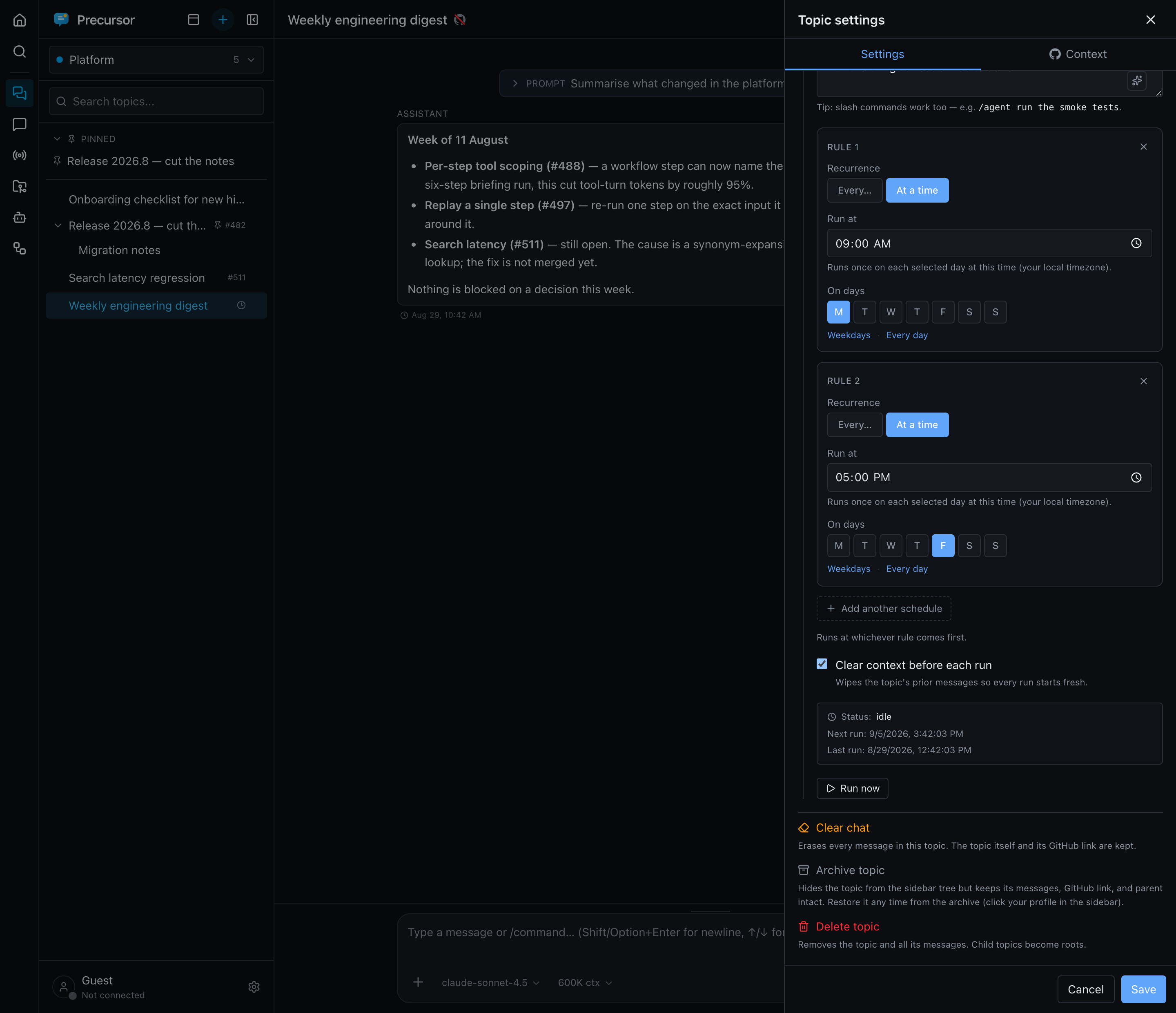 A topic's settings panel with Run on a schedule enabled, showing the prompt to run each time and two recurrence rules — Monday at 09:00 and Friday at 17:00 — with an Add another schedule button beneath them
