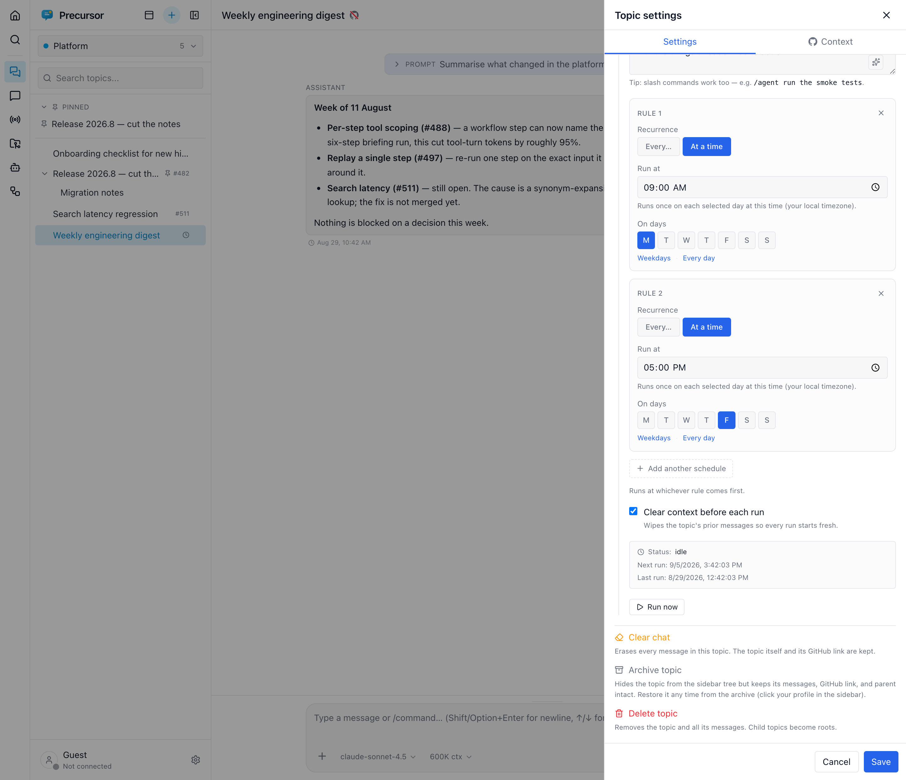 A topic's settings panel with Run on a schedule enabled, showing the prompt to run each time and two recurrence rules — Monday at 09:00 and Friday at 17:00 — with an Add another schedule button beneath them