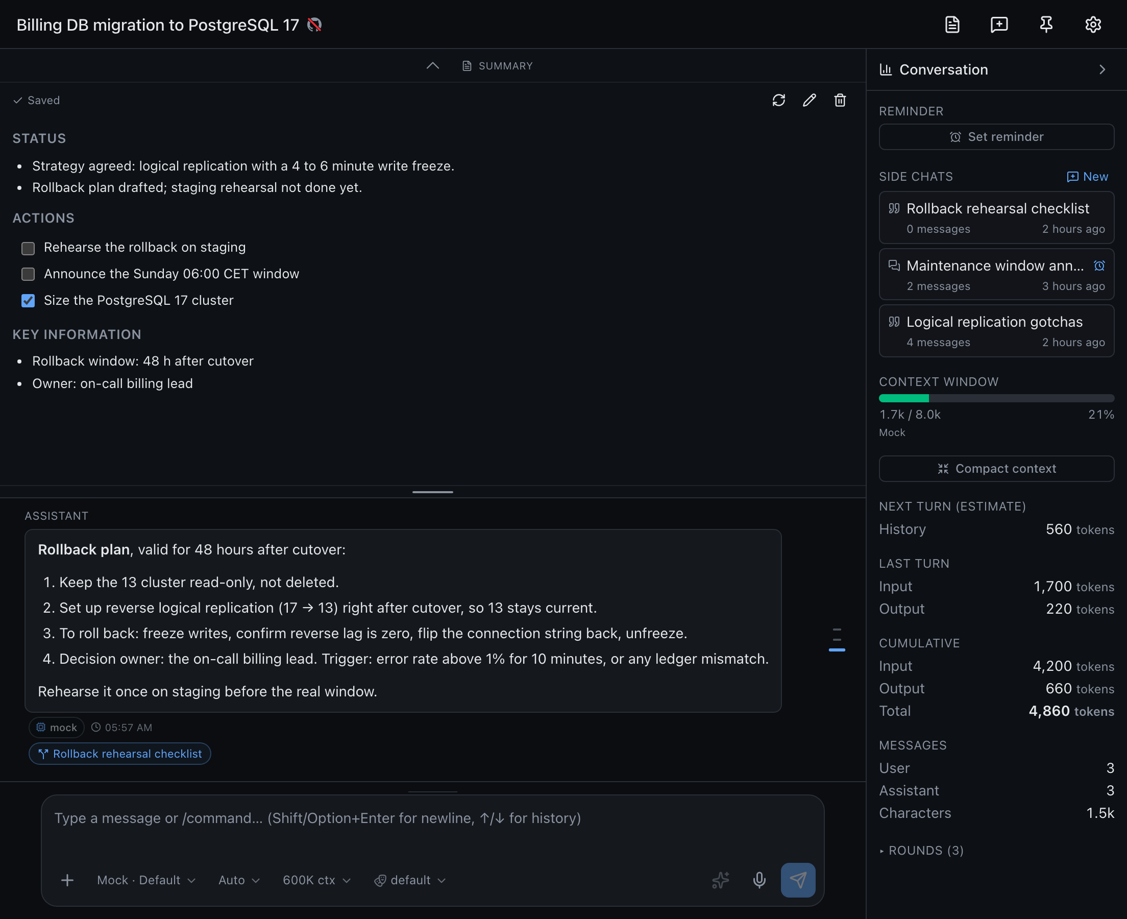 A topic's right panel listing three side chats with unread, reminder and activity details