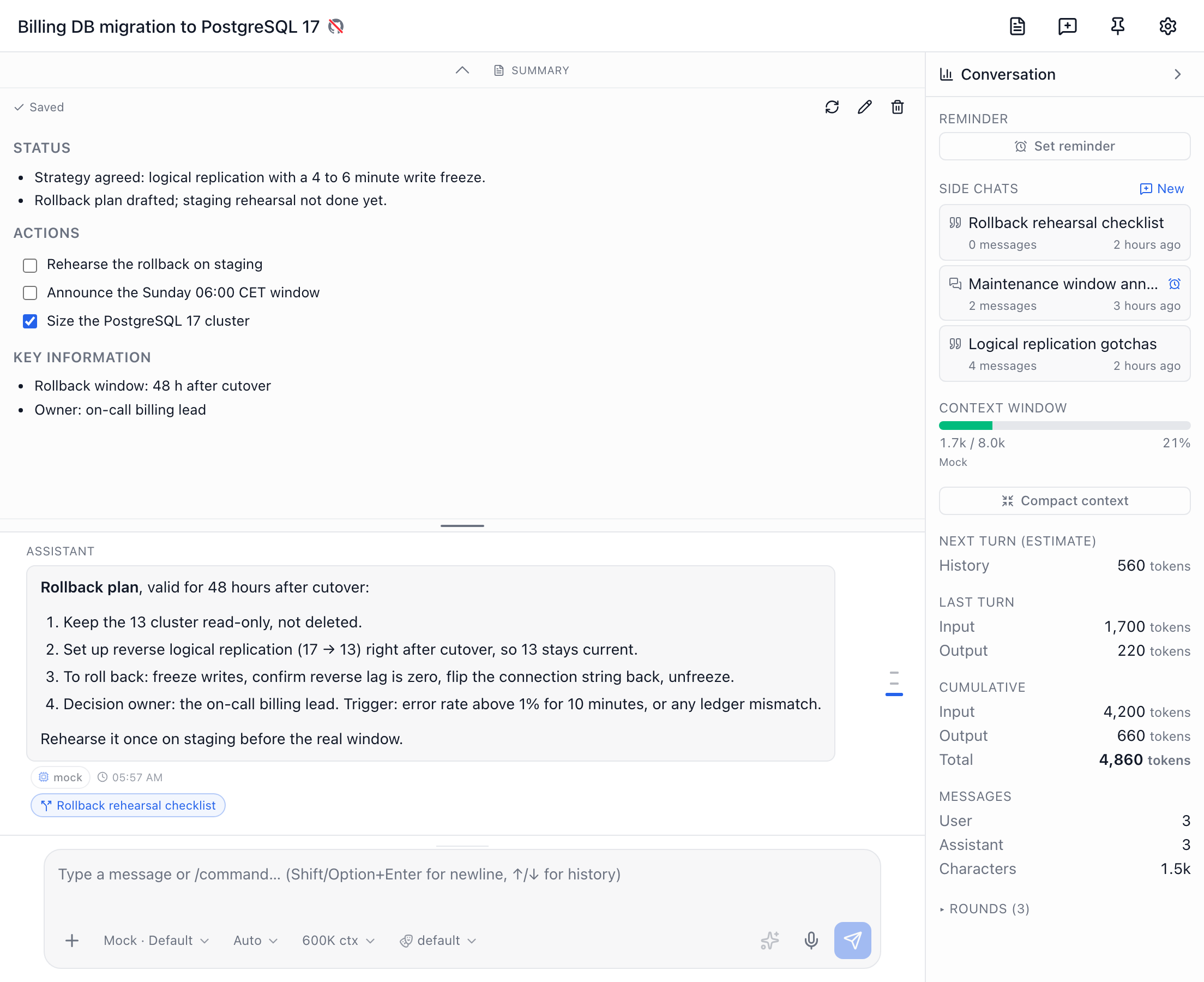 A topic's right panel listing three side chats with unread, reminder and activity details