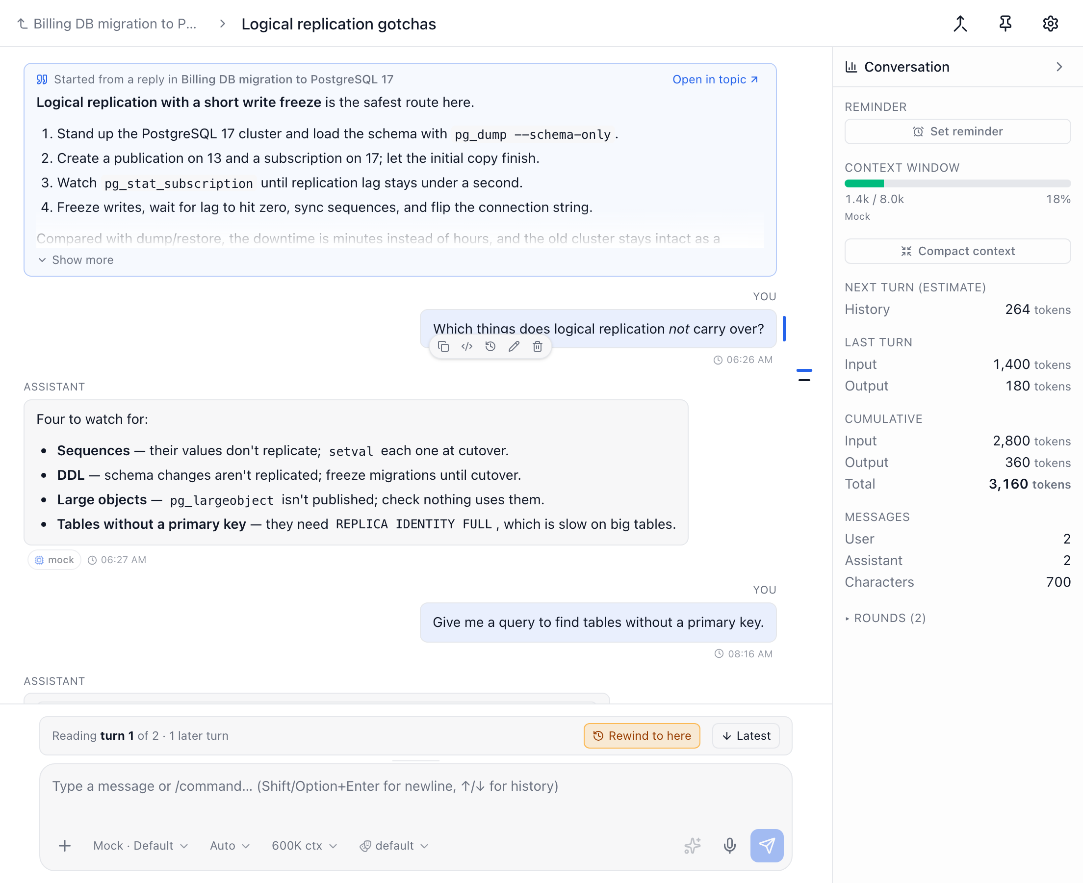 A side chat quoting the topic reply it was started from, with a back-link to the topic in the header