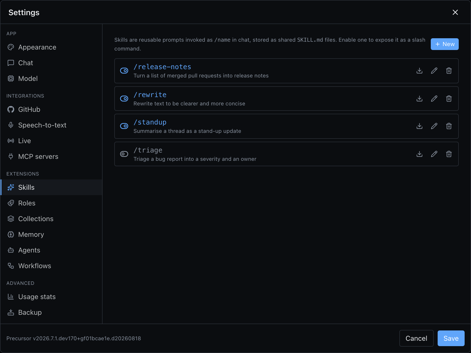 Settings → Skills listing four slash-command skills, each with a description and an enable toggle; one is switched off