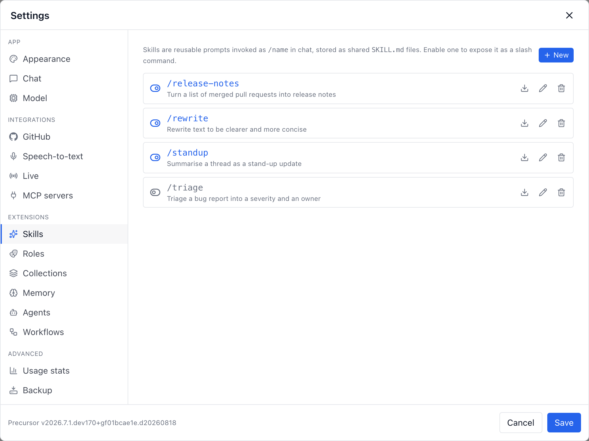 Settings → Skills listing four slash-command skills, each with a description and an enable toggle; one is switched off
