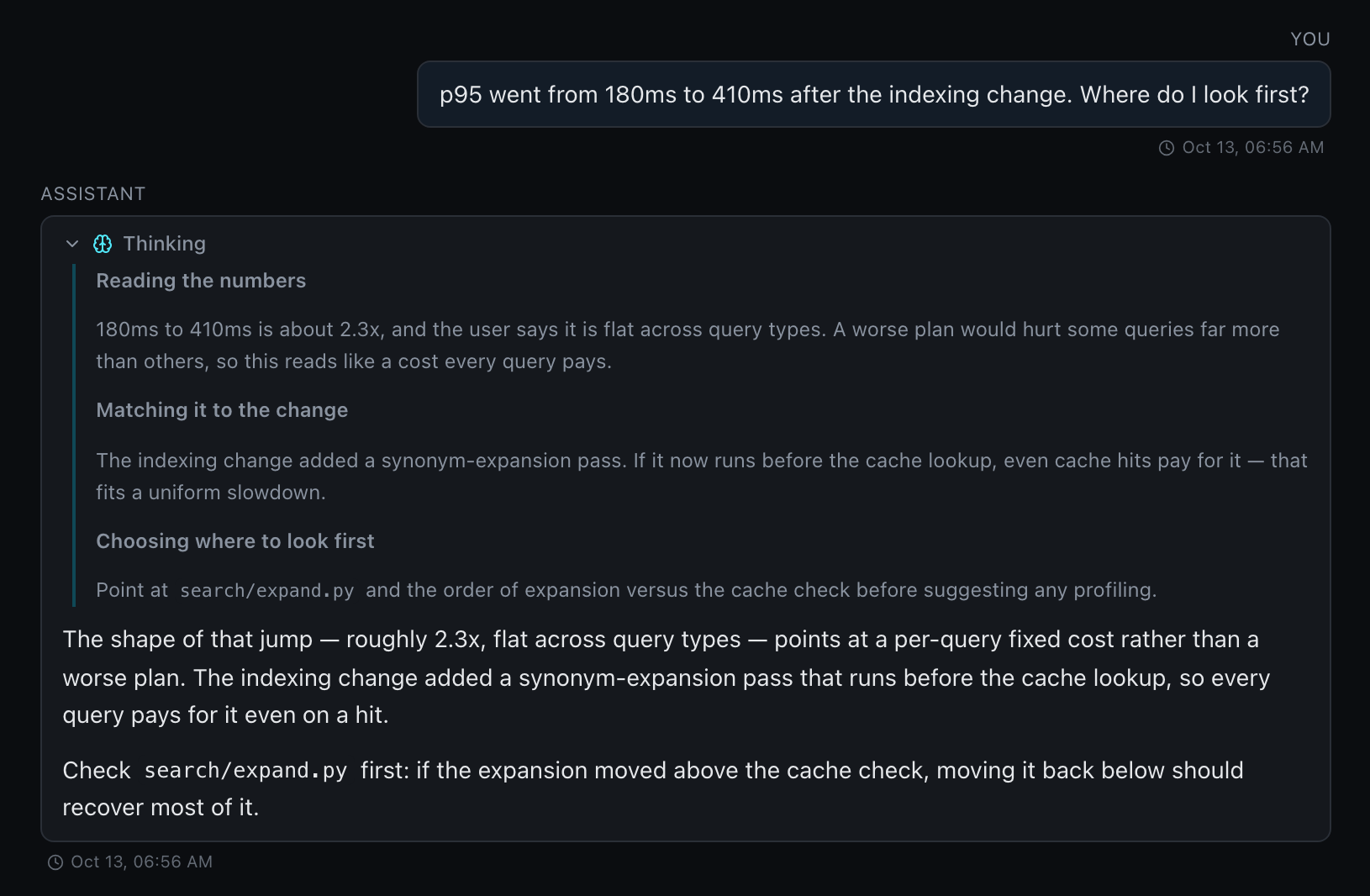 An assistant reply with its Thinking area expanded above the answer