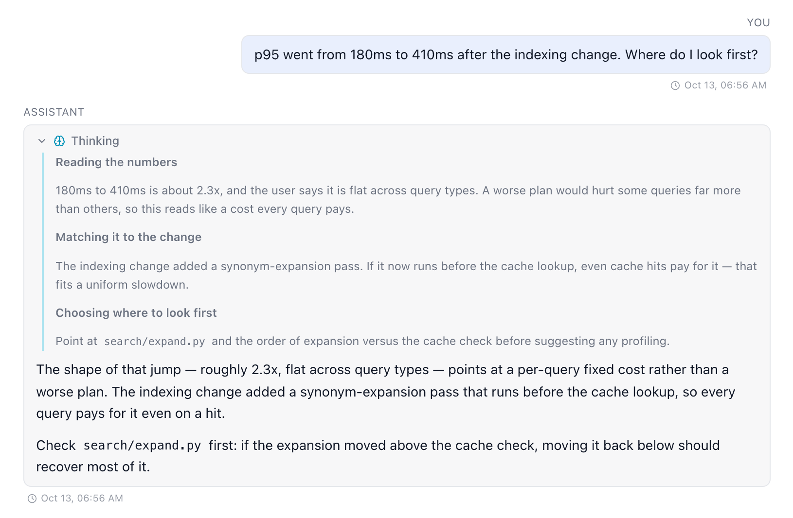 An assistant reply with its Thinking area expanded above the answer