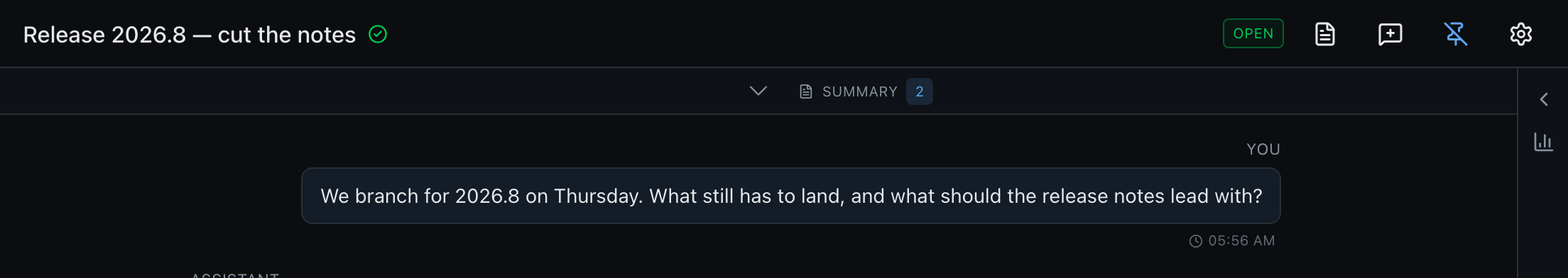 A slim summary toggle below the topic header, with a centered chevron and a pending-change count