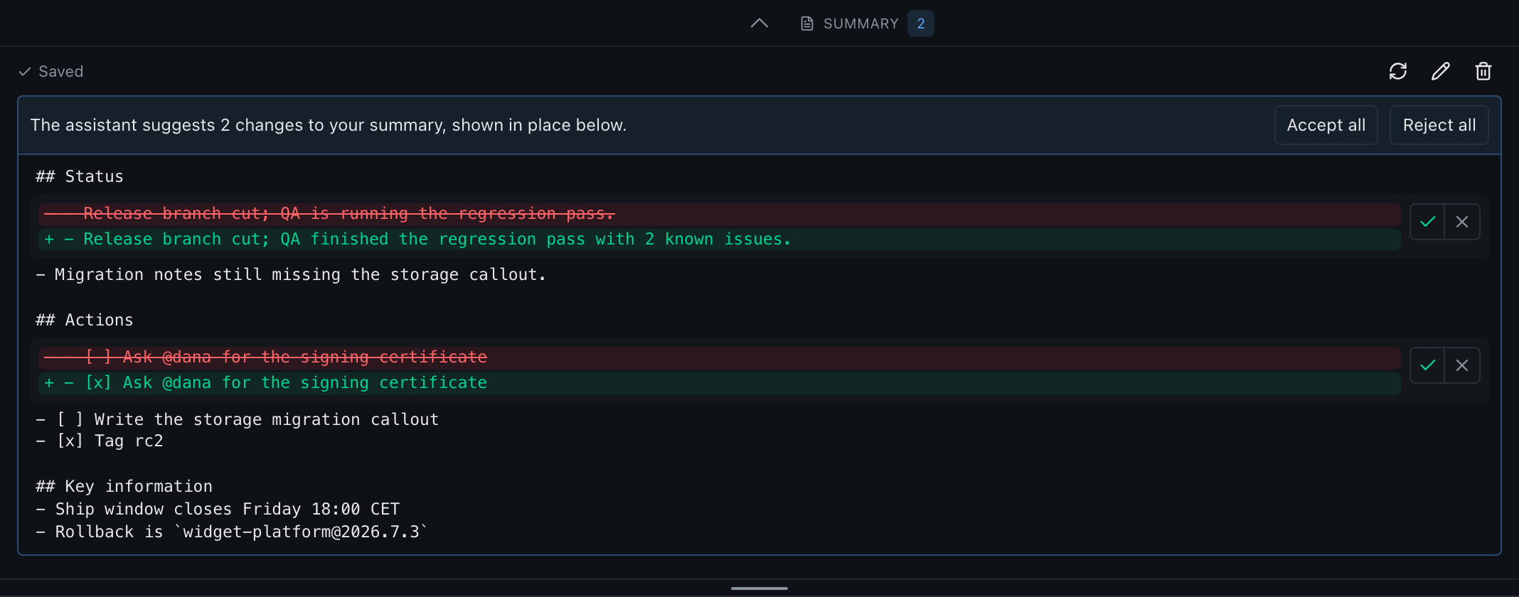 The topic summary panel above a transcript, with a proposed update listed change by change