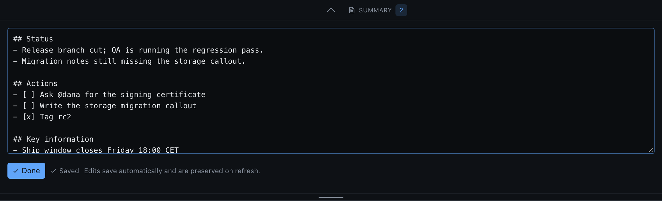 The summary markdown editor with a Done button and Saved status