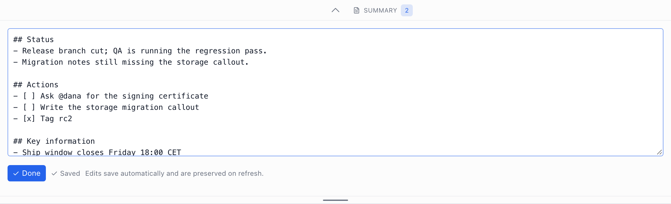 The summary markdown editor with a Done button and Saved status