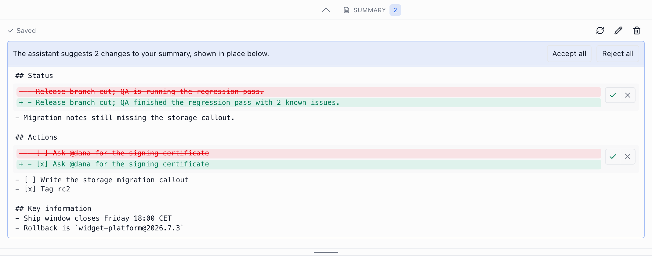 The topic summary panel above a transcript, with a proposed update listed change by change