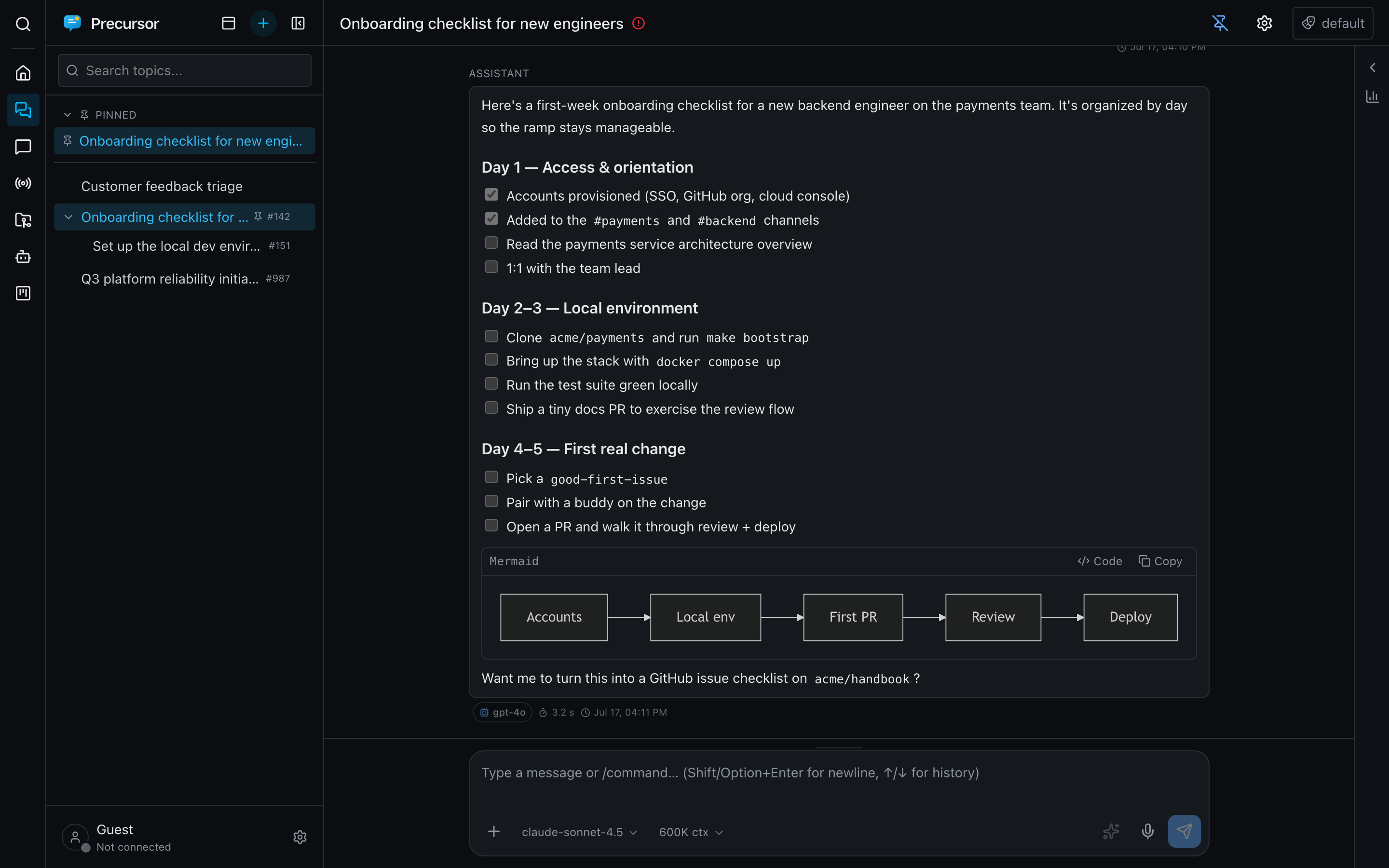 A topic linked to a GitHub issue, showing the issue's labels as tags and a streamed reply
