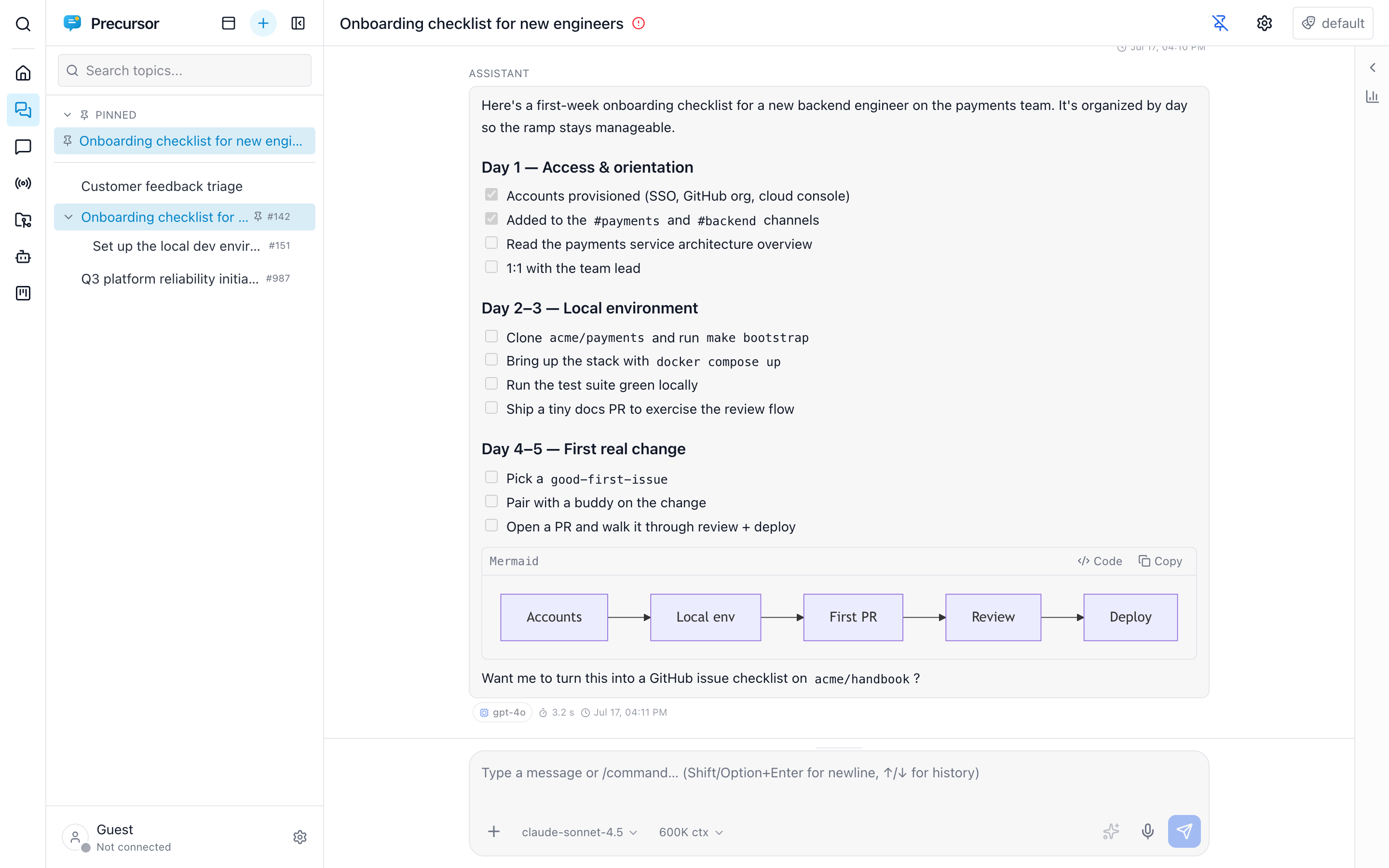 A topic linked to a GitHub issue, showing the issue's labels as tags and a streamed reply