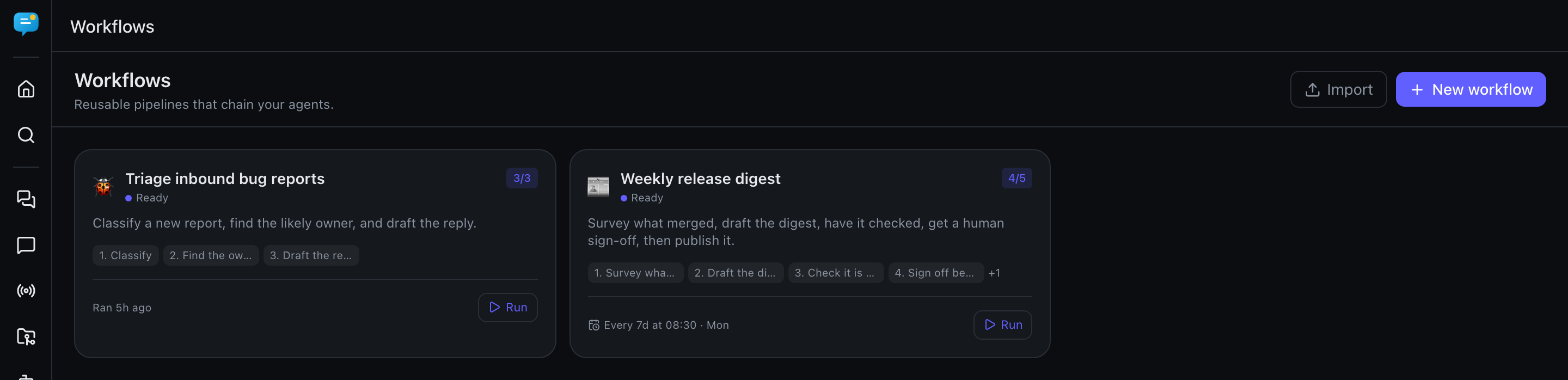 The Workflows gallery with two pipeline cards and an Import button in the header