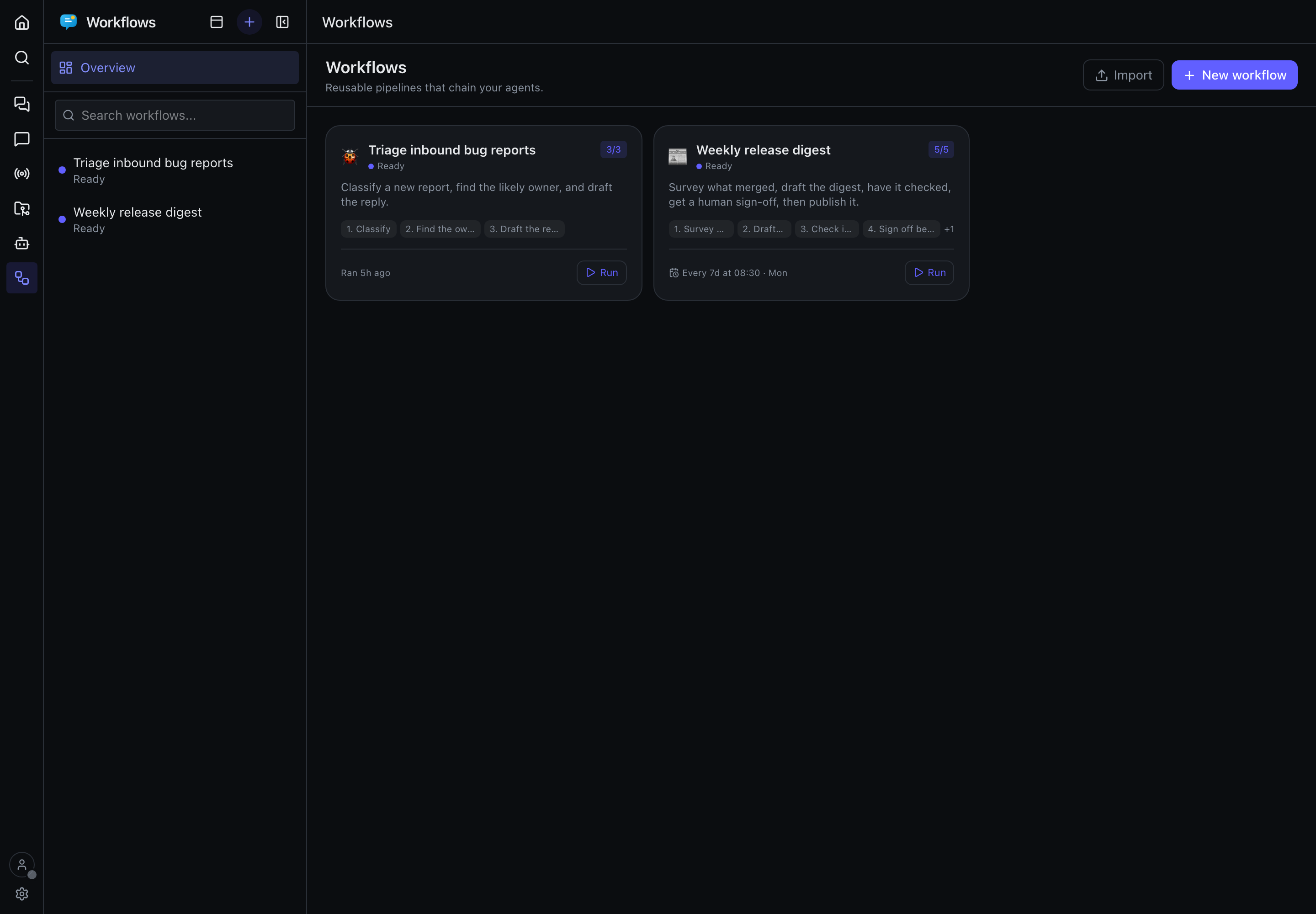 Workflow cards beside a searchable sidebar with an Overview entry