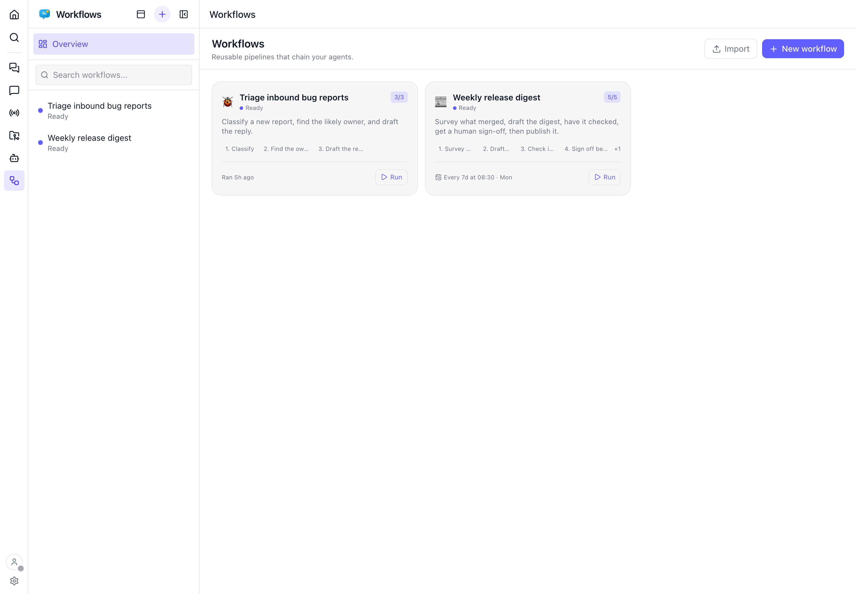 Workflow cards beside a searchable sidebar with an Overview entry