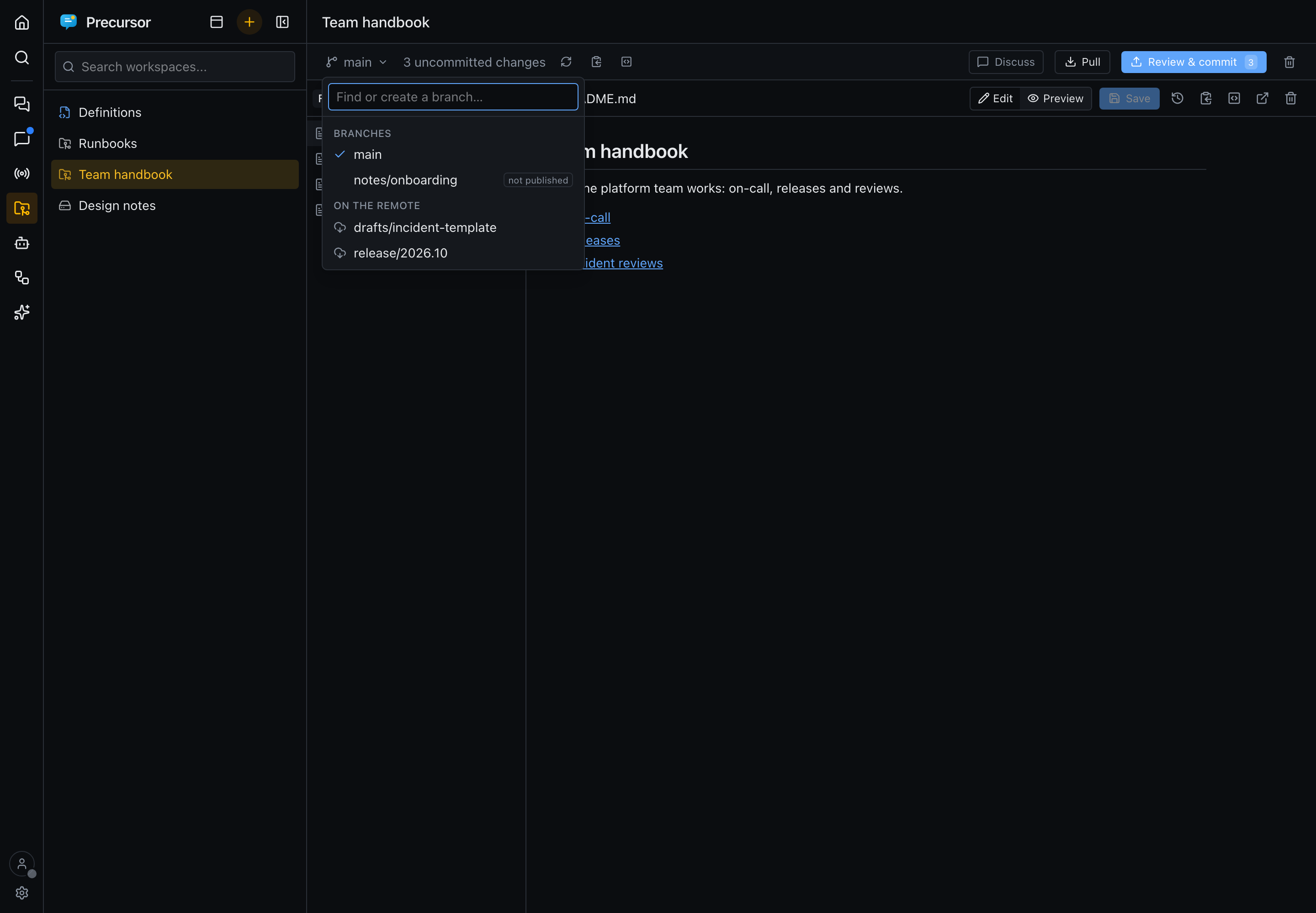 The branch picker open under the branch name, listing local branches and branches only on the remote