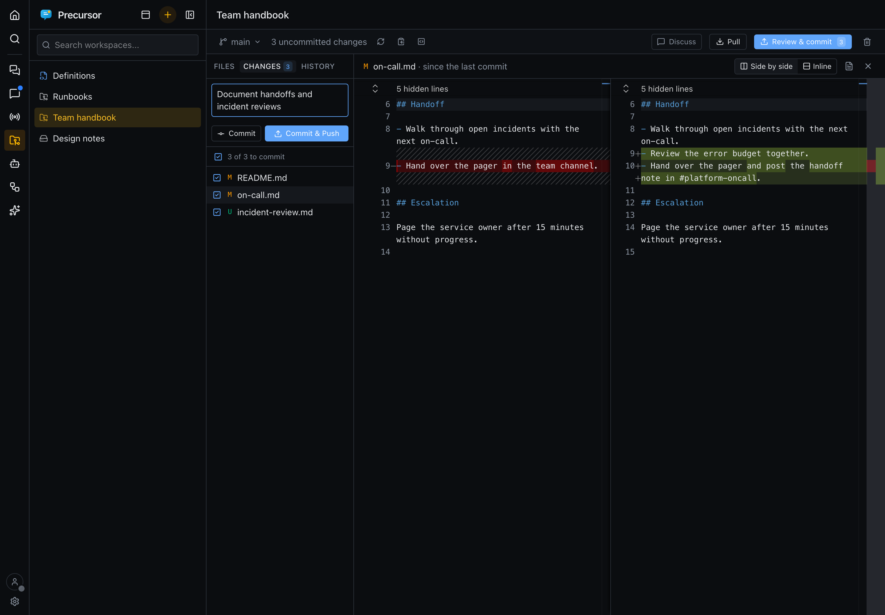 The Changes tab listing three changed files with checkboxes and a commit message, and a side-by-side diff of one of them