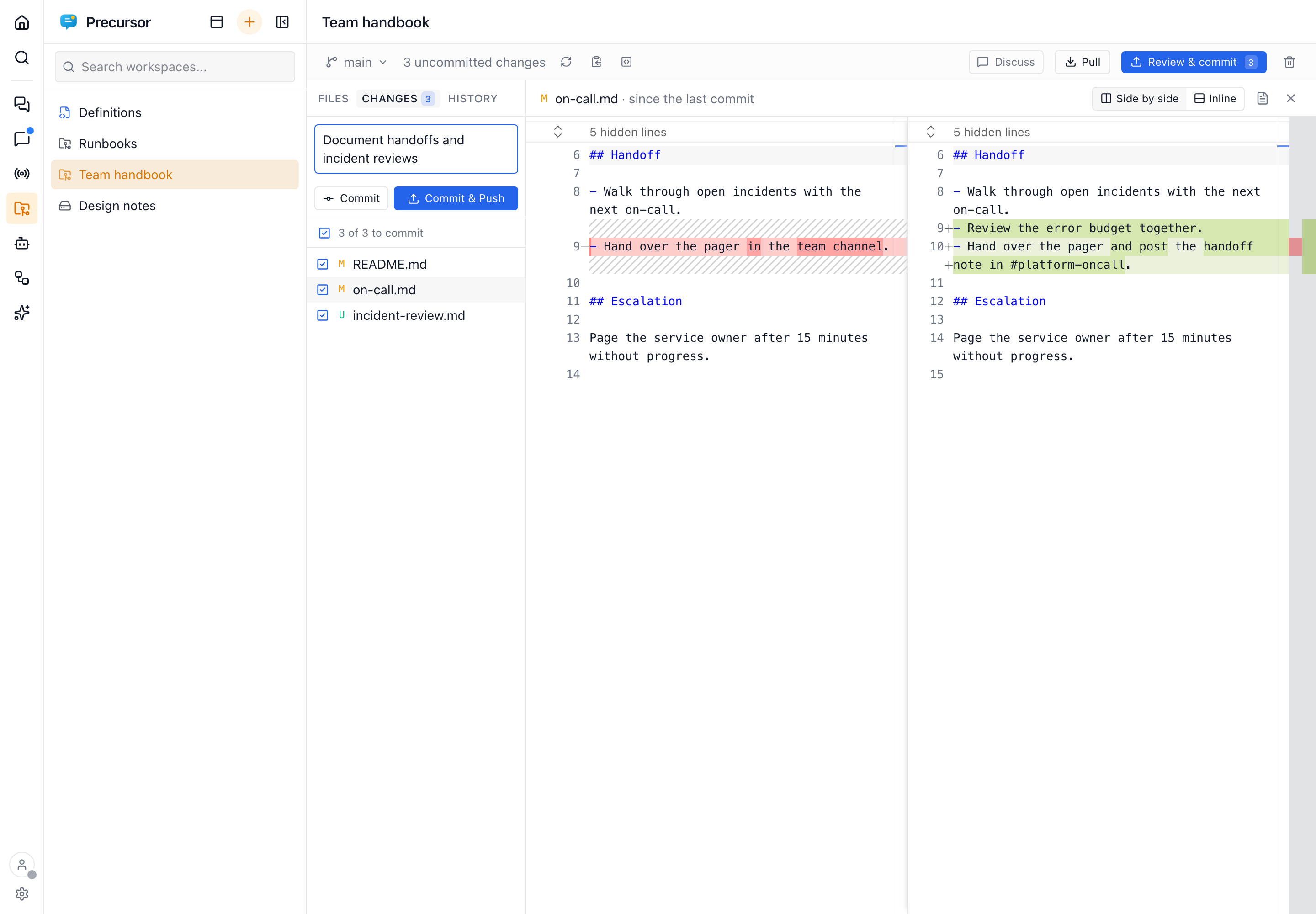 The Changes tab listing three changed files with checkboxes and a commit message, and a side-by-side diff of one of them