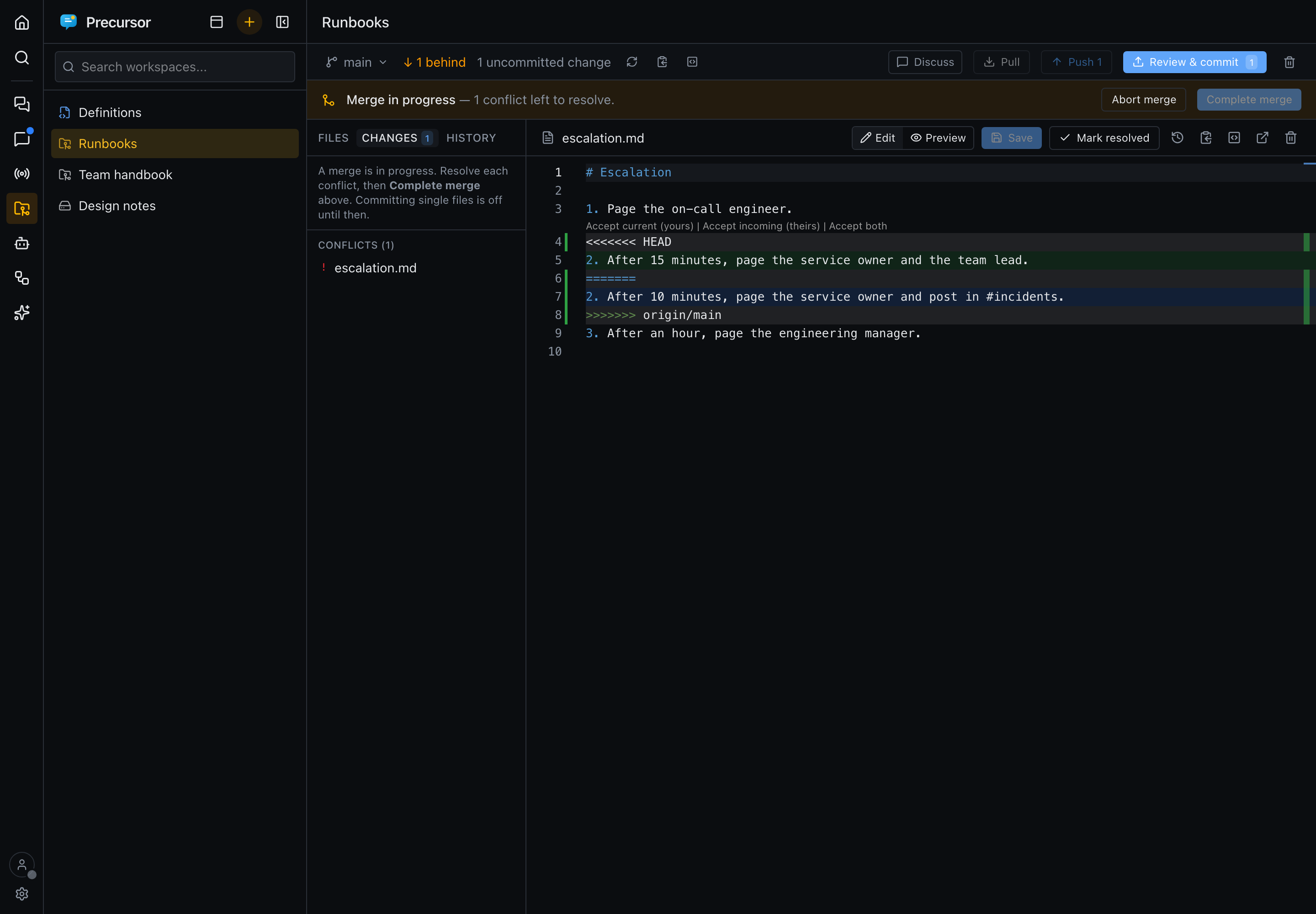 A merge in progress: the banner with Abort and Complete merge, the conflicted file in the Changes tab, and the file in the editor with Accept current, Accept incoming and Accept both above the conflict