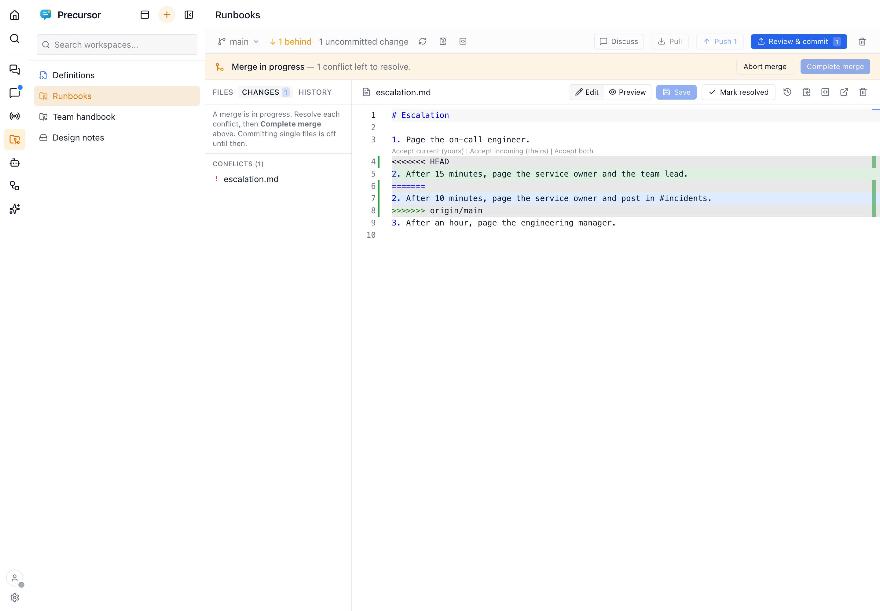 A merge in progress: the banner with Abort and Complete merge, the conflicted file in the Changes tab, and the file in the editor with Accept current, Accept incoming and Accept both above the conflict