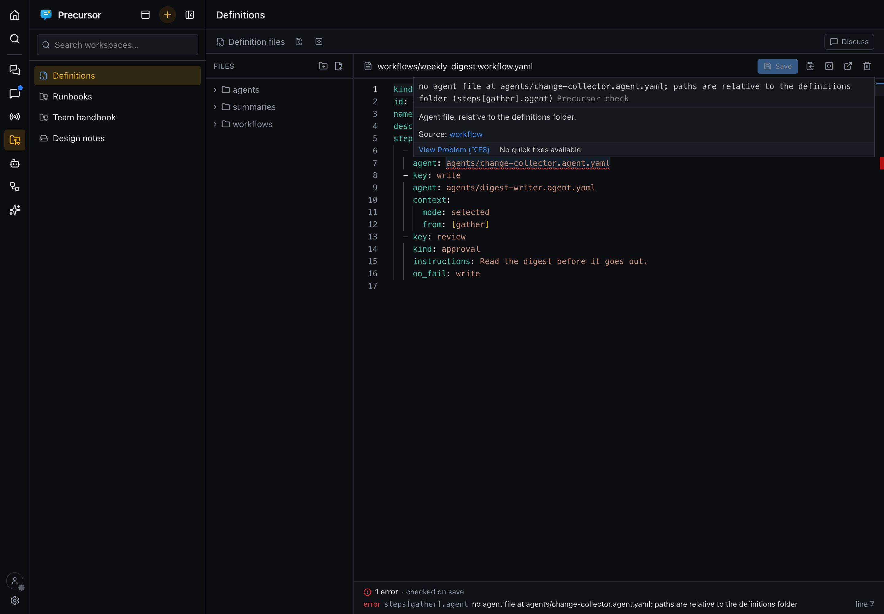 A workflow definition open in the editor, with an agent path underlined and the check below saying there is no agent file at that path
