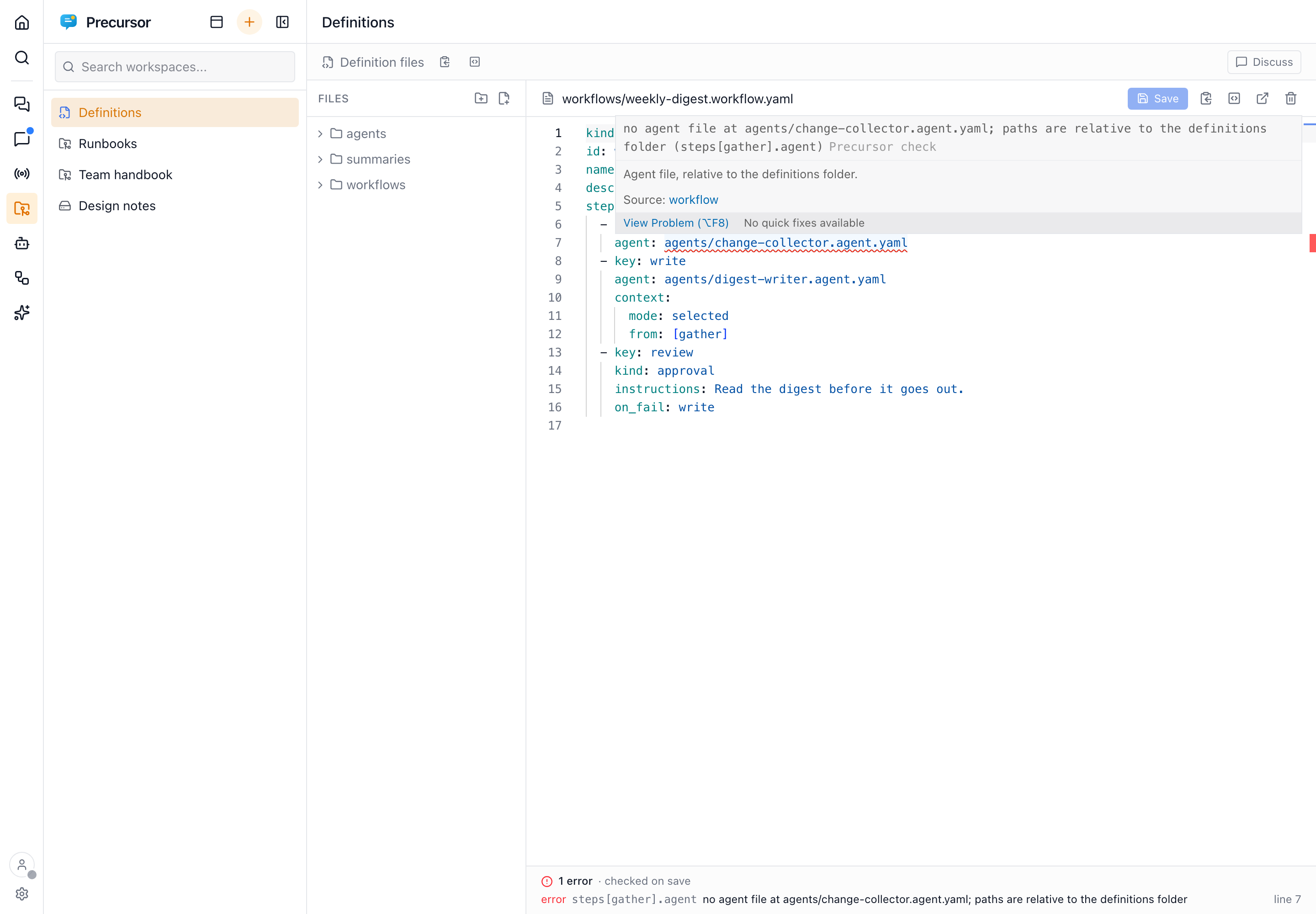 A workflow definition open in the editor, with an agent path underlined and the check below saying there is no agent file at that path