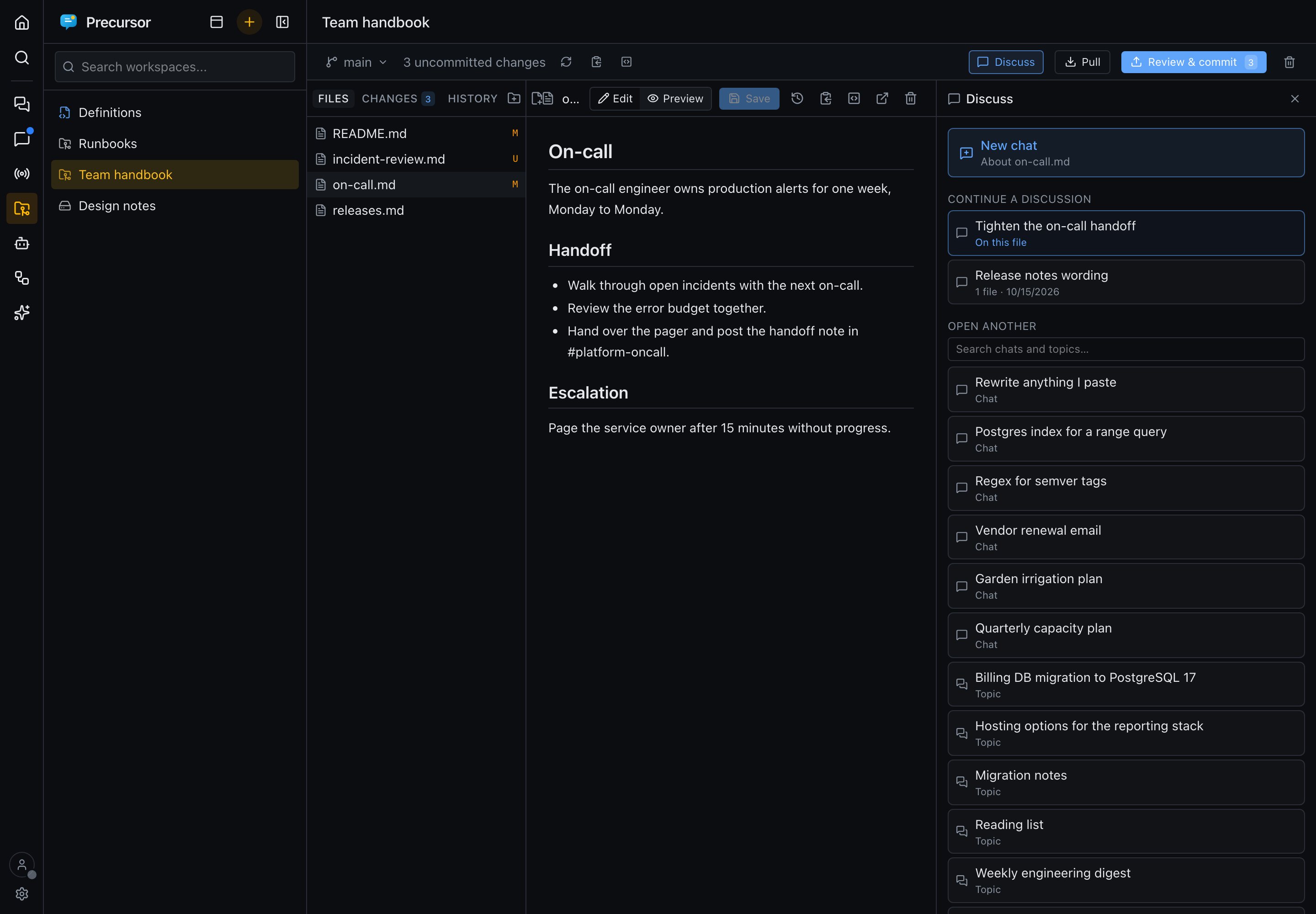 A workspace with a chat open beside the file, and the picker listing discussions that attach files