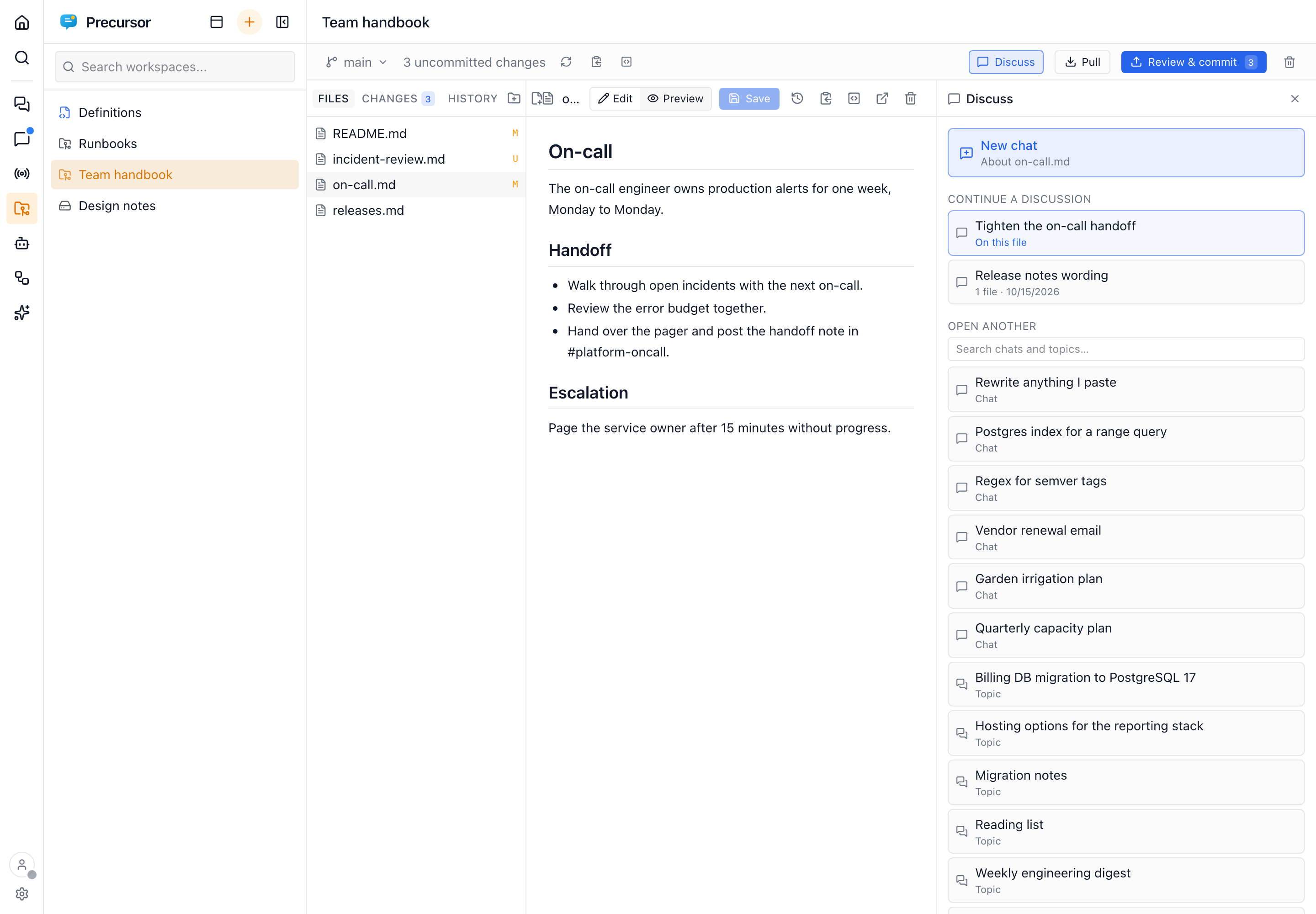 A workspace with a chat open beside the file, and the picker listing discussions that attach files