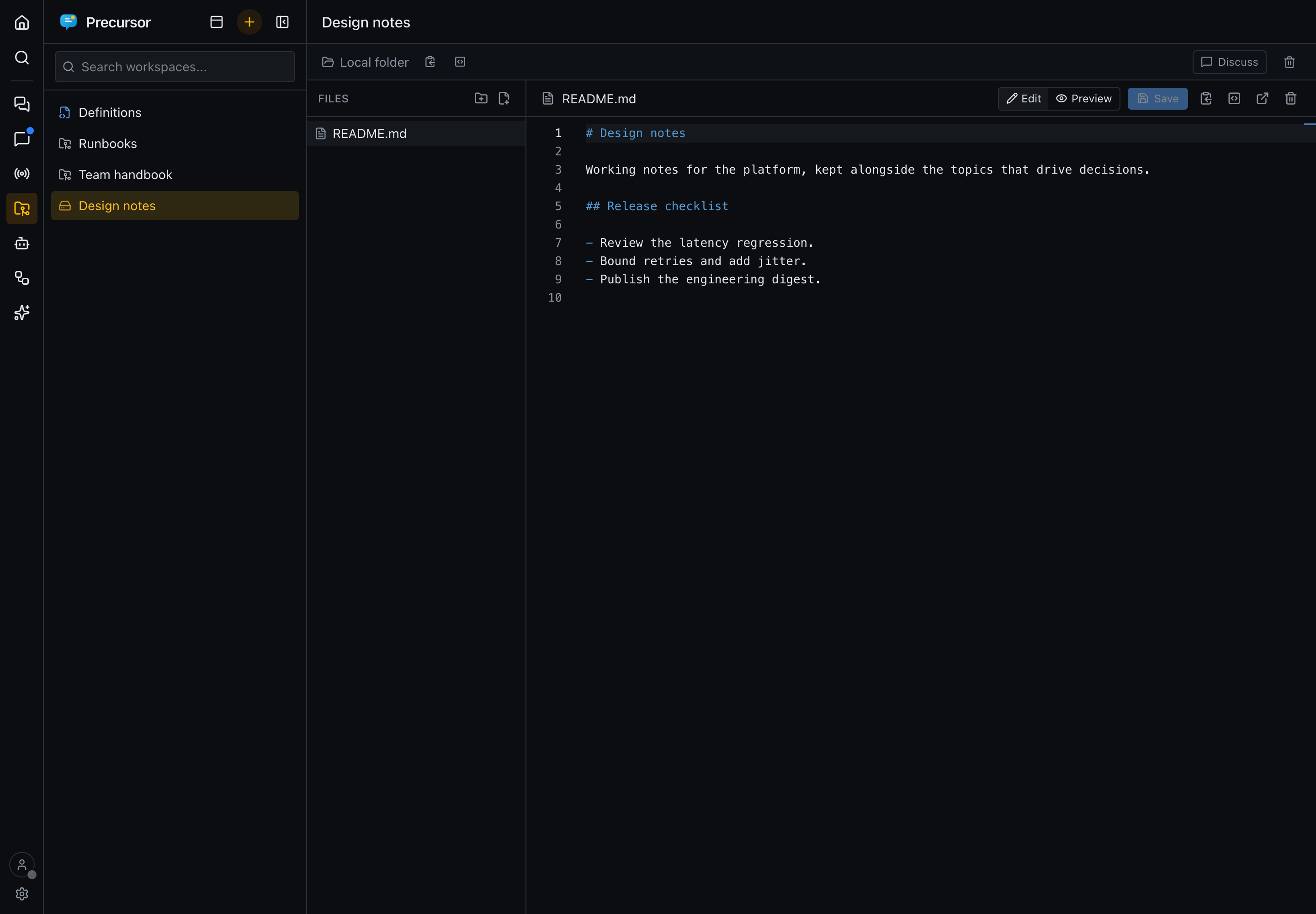 A Markdown file open in the Monaco editor, with line numbers and syntax highlighting