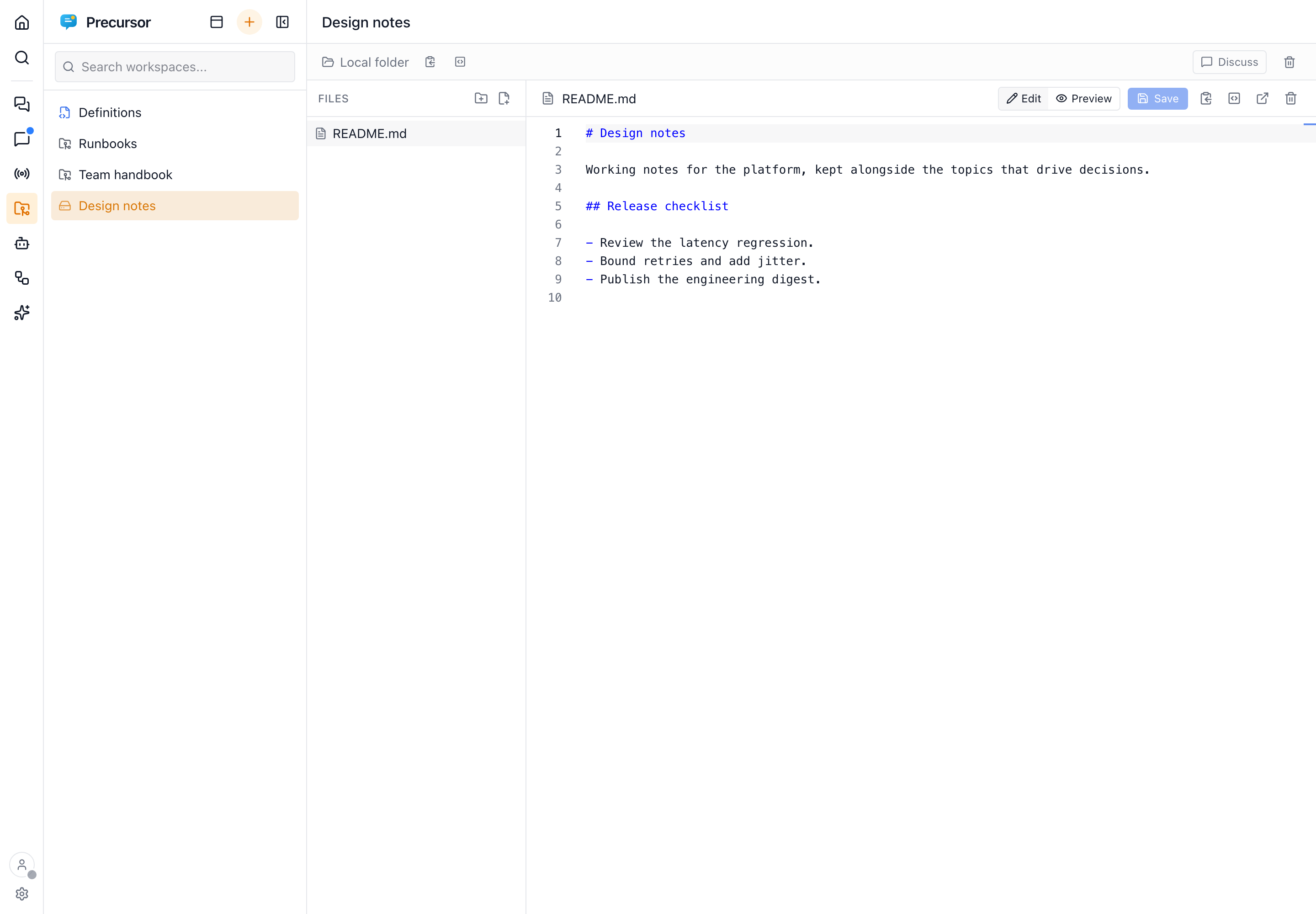 A Markdown file open in the Monaco editor, with line numbers and syntax highlighting