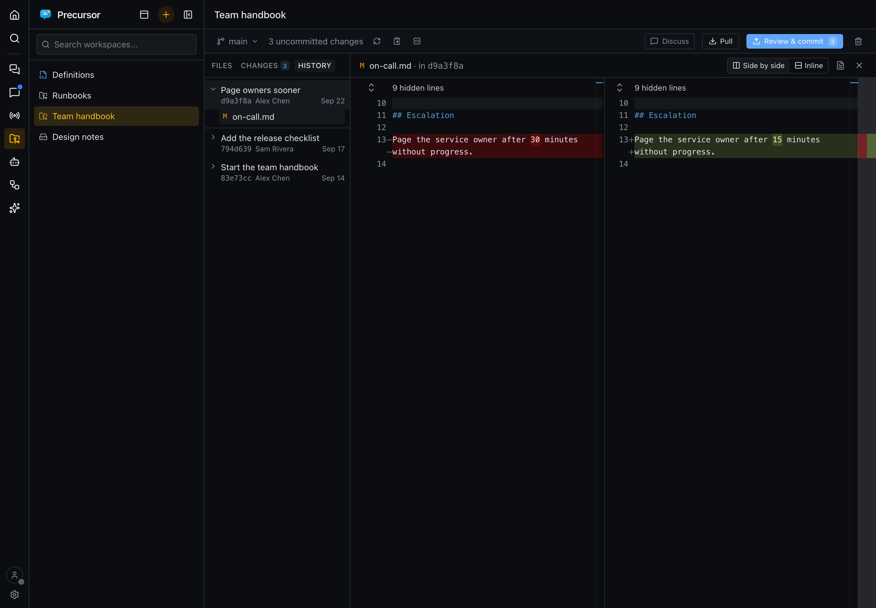 The History tab with a commit opened to the file it changed, and that file's diff against the previous commit