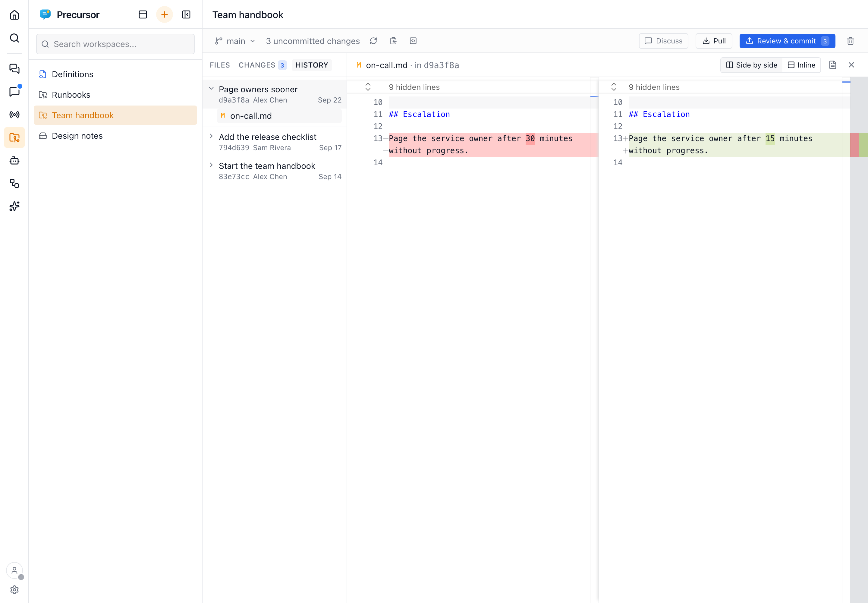 The History tab with a commit opened to the file it changed, and that file's diff against the previous commit